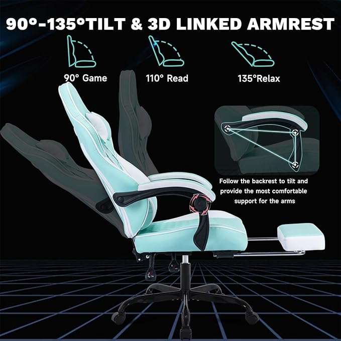Leather Video Game Chairs Ergonomic Gamer Chairs for Adults Green Gaming Chair with Adjustable Support &amp Footrest (Green)