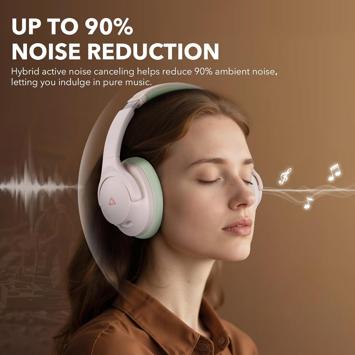 1Mii Y8+ Noise Cancelling Headphones Bluetooth, Wireless LDAC Hi-Res Audio, Custom EQ via App, 75H Playtime, Comfort Fit, Over Ear Headphones Foldable for Airplane Travel Home Office Beige Green