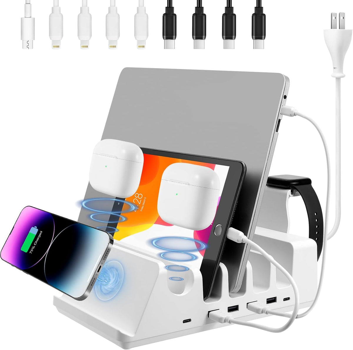 150W 6-Port Charging Station for Home with Fast Wireless Charging for Mobile & Wireless Charging Seats for 2 Airpods (Buds). 65W PD USB-C Port provided for laptops
