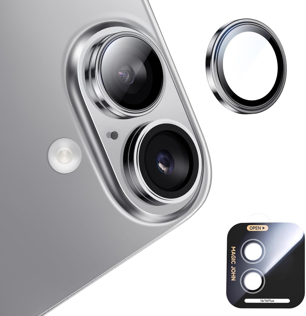 MAGIC JOHN for iPhone 16Plus/16 Camera Lens Protector [Alignment Kit&1:1 Invisible Perfect Fit] 9H Aerospace Tempered Glass Anti-Scratch Durable, Individual Cover Ring, Case Friendly, Set of 2, Sliver