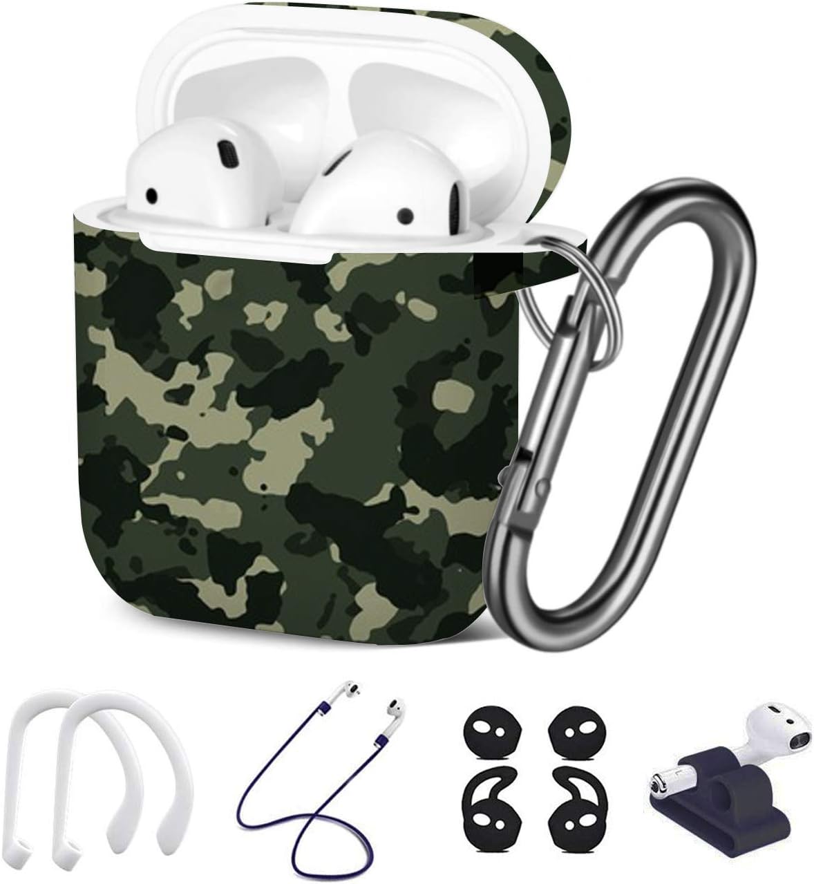 [Compatible with Apple AirPods 1 & 2] 7 in 1 Accessories Set - TPU Gel Protective Case, Carabiner Keychain, Ear Hooks,