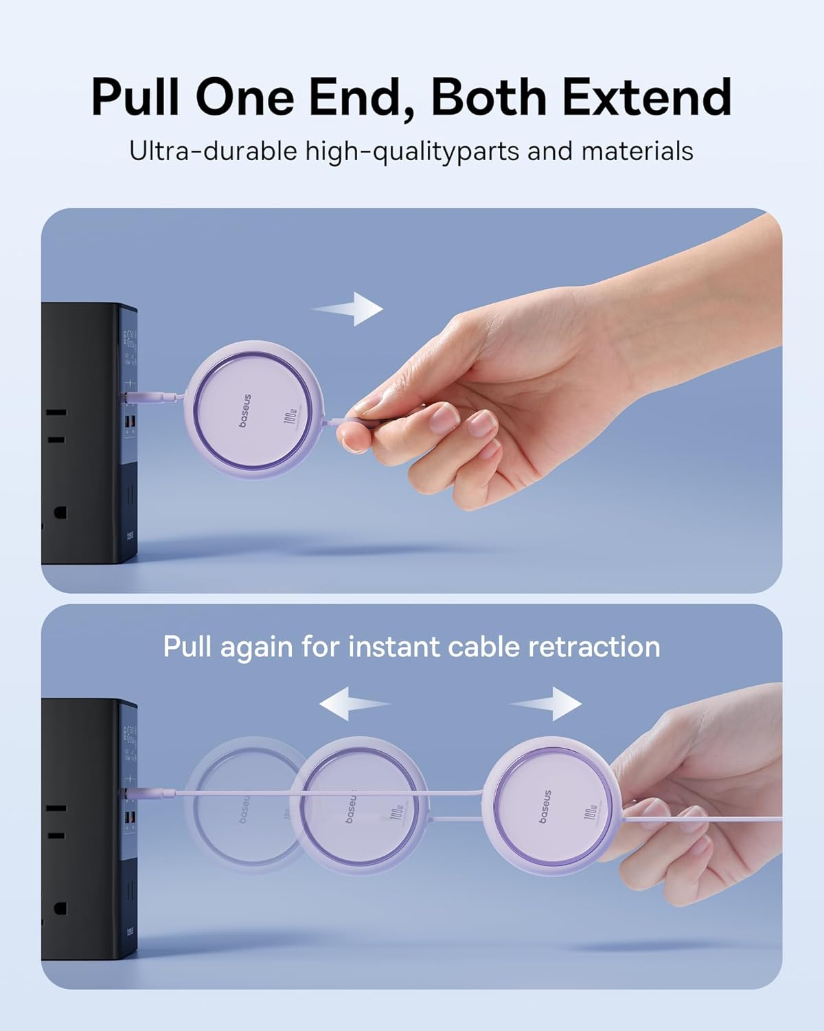 Baseus USB C to USB C Cable, 100W Retractable USB C 5A Fast Charging Cable, 4-Stage Length Preset USB Type C Charger Cord for iPhone 16 15 Pro Plus Pro Max, MacBook, iPad, Samsung S24/S23+ (3.3ft)