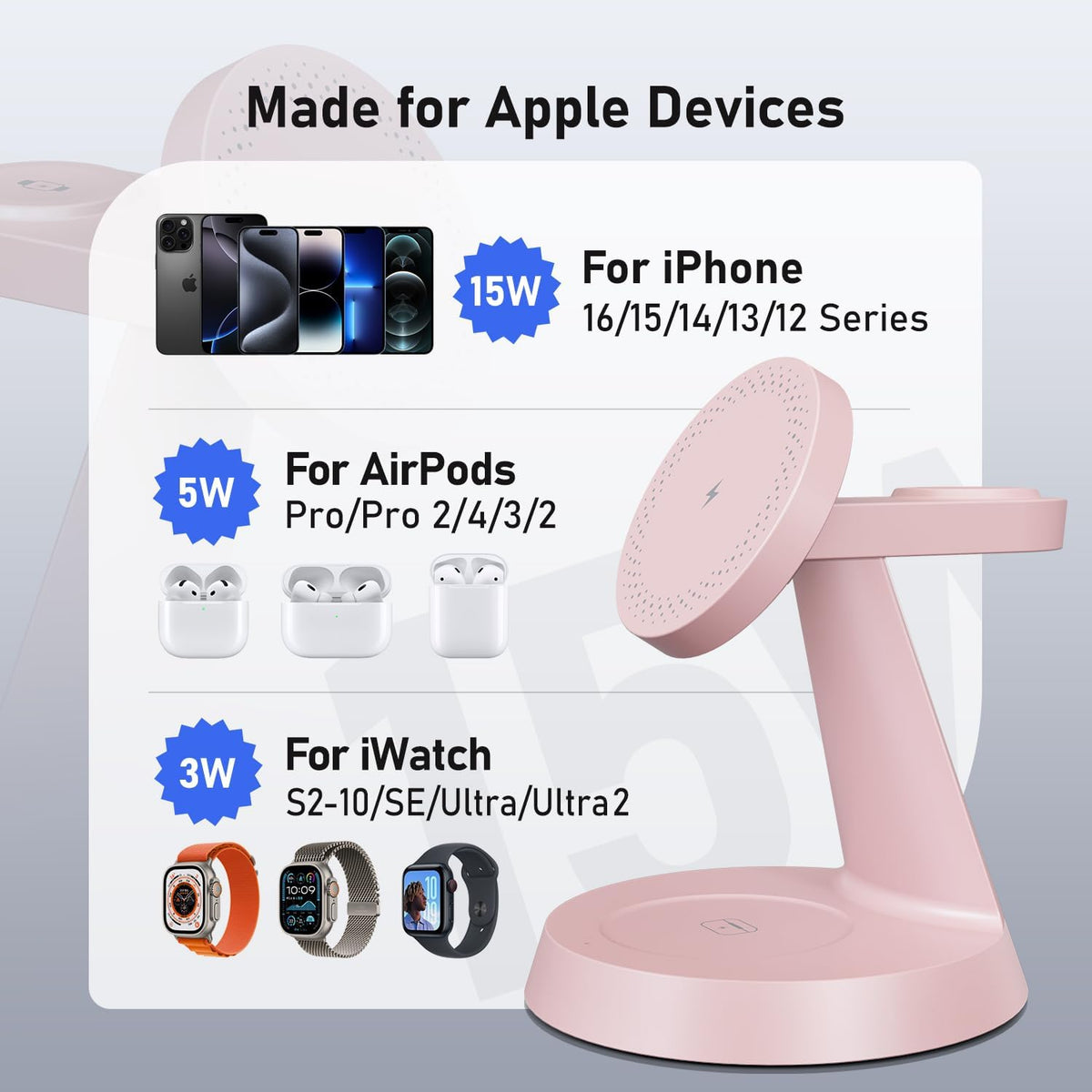 3 in 1 Wireless Charging Station for Apple Mag-Safe 15W Fast Charger Stand for Multiple Apple Devices Magnetic Charger for iPhone 16/15/14/13/12 Series, AirPods, iWatch Series(Pink)