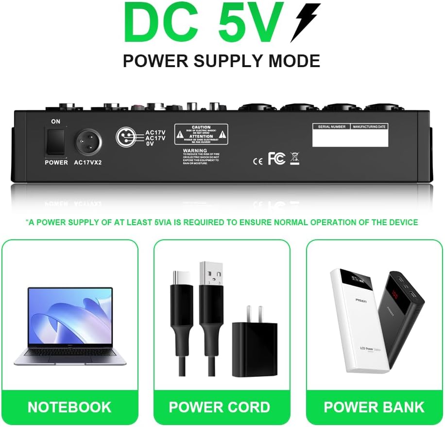 MW-6 black 6-Channel Professional DJ Audio Mixer Portable Controller Mixer with DSP 99 Preset Effects for Live Streaming, Podcasting, Home Party