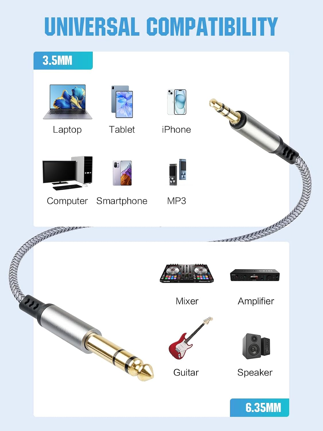 gudxfj 2 Pack 3.5mm 6.35mm 1/8 1/4 6.6ft to Audio Cable to TRS Stereo Cable Guitar Stereo Audio Male Cable with Nylon
