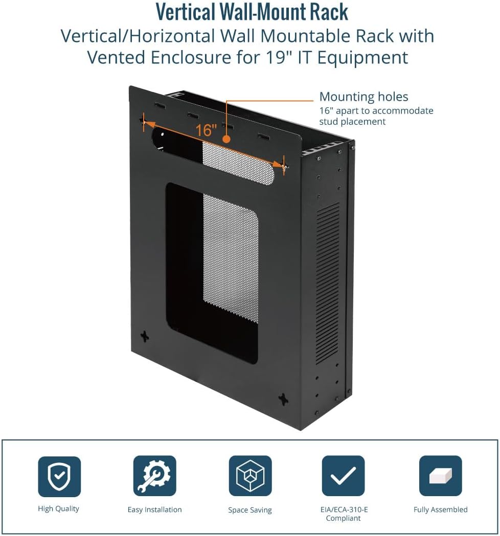 Tecmojo 2U Vertical/Horizontal Wall Mountable Server Rack, with Vented Enclosure for 19" IT Equipment, Cable Modems, Telecom, A/V, Black