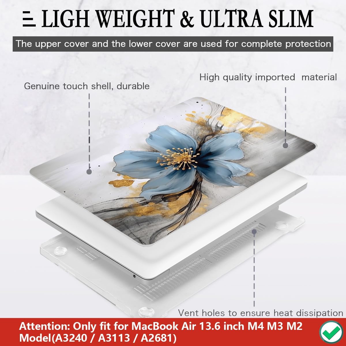 CISSOOK for MacBook Air 13.6 inch Case 2025 2024 2023 2022 Release Model A3240 A3113 A2681, Laptop Hard Shell Cases with Keyboard Cover Type C Adapter for MacBook Air 13 M2 M3 M4, Retro Golden Floral