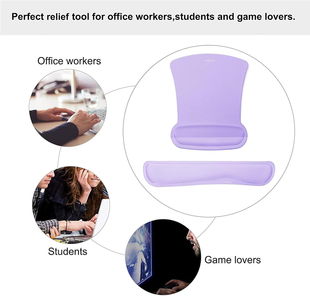 MOSISO Wrist Rest Support for Mouse Pad & Keyboard Set, Ergonomic Mousepad Non-Slip Base Home/Office Pain Relief & Easy Typing Cushion with Neoprene Cloth & Raised Memory Foam, Light Purple
