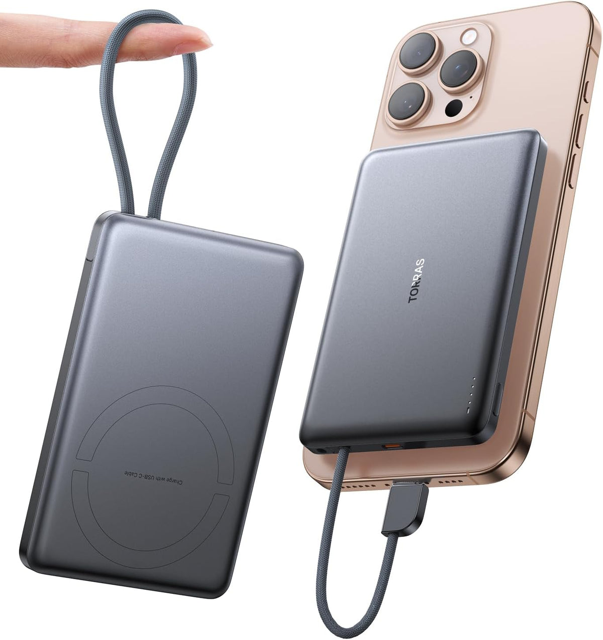 TORRAS Power Bank with Built-in USB-C Cable, Ultra-Slim 10,000mAh Portable Charger USB C, 22.5W Fast Charging Battery Pack for iPhone 16/15/Samsung S24 Ultra/Android, Glacier Grey (No-Wireless)