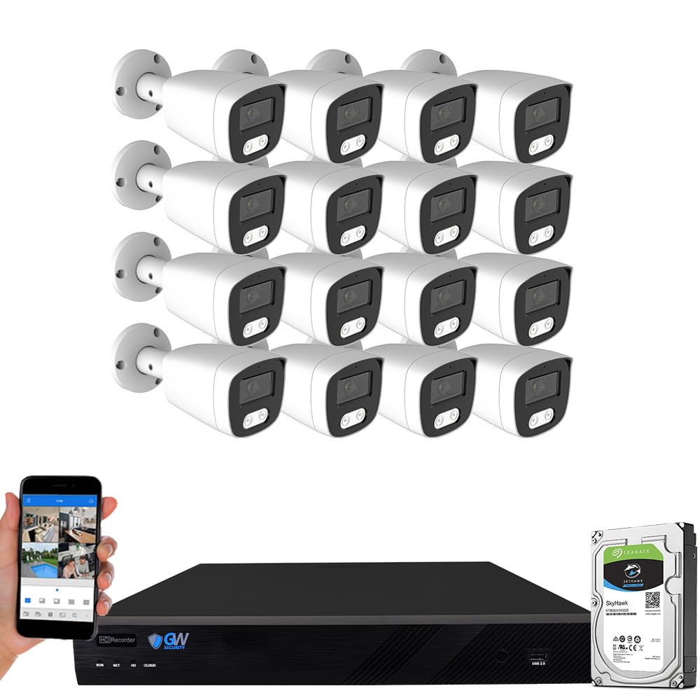 GW Security 16 Channel 4K NVR 8MP AI Human & Vehicle Detection Security Camera System with 16 UHD 4K 2160P Microphone PoE Outdoor/Indoor Waterproof IP