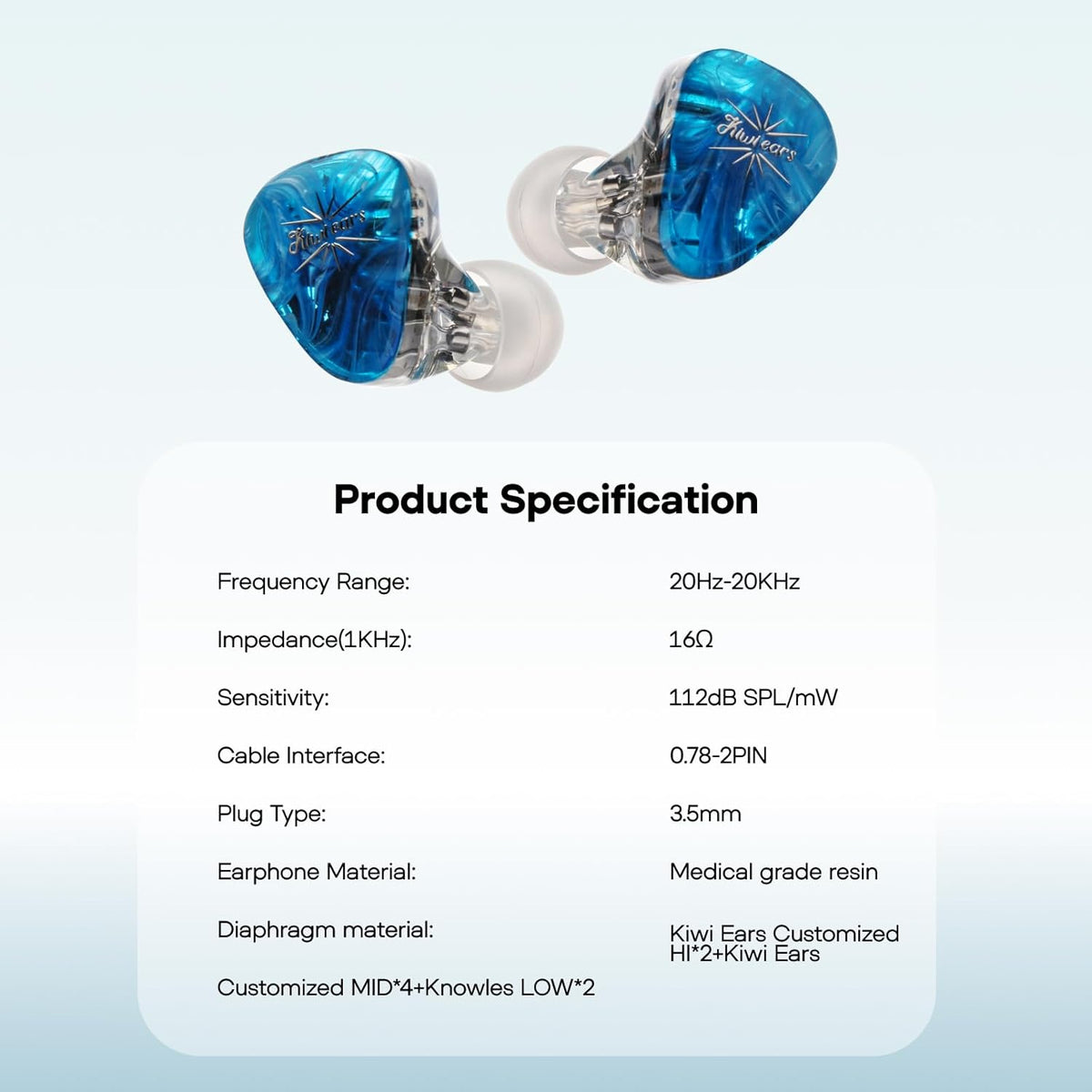 Linsoul Kiwi Ears Orchestra Lite Performance Custom 8BA in-Ear Monitor IEM with Detachable 4-core 7N Oxygen-Free Copper OFC Cable, Handcrafts Faceplate for Audiophile Studio Musician (Blue)