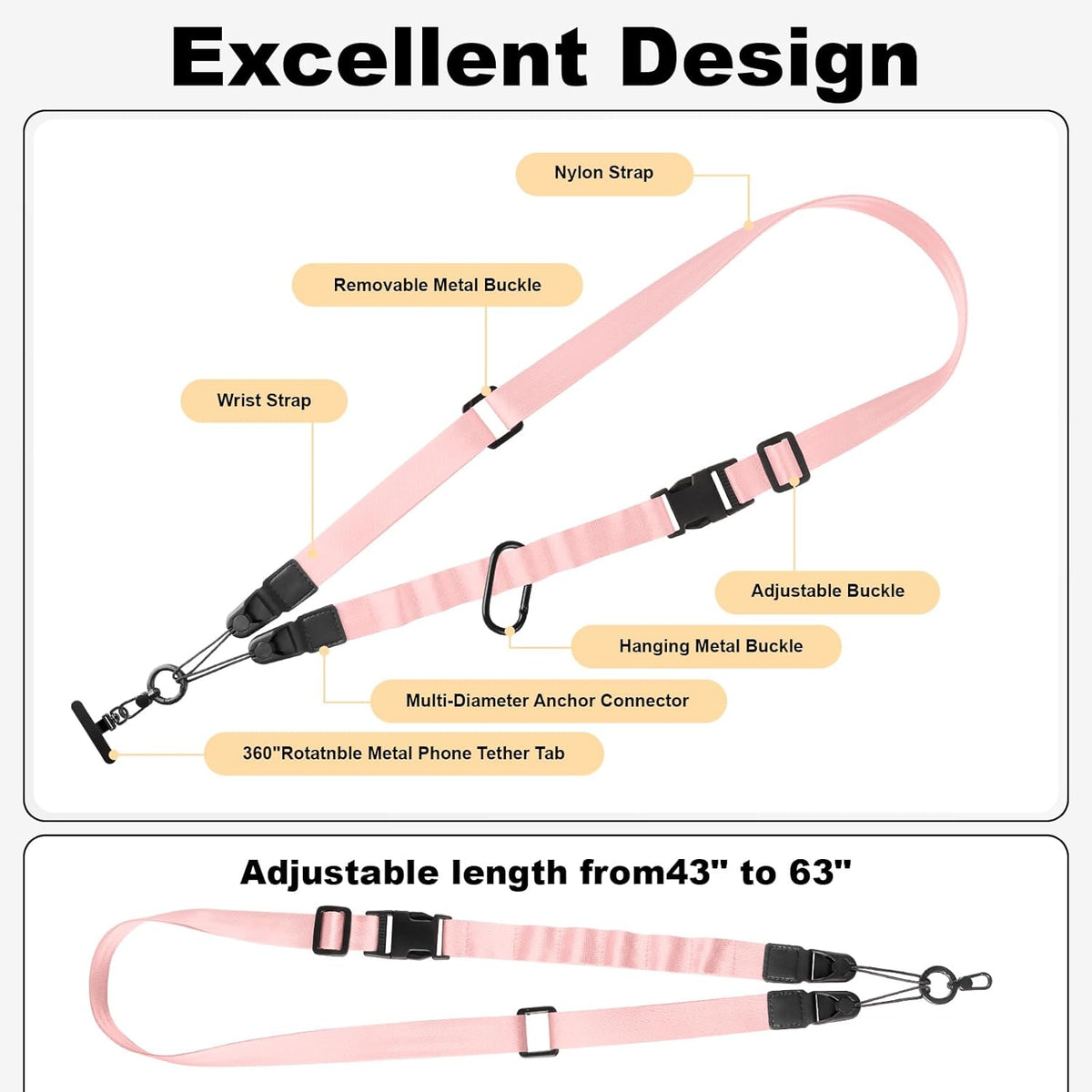 Adjustable Crossbody Phone Lanyard, Universal Phone Wrist Strap and Phone Neck Strap with Tether Tab, Phone Lanyard with Quick Release, Suitable for iPhone and Most Smartphones, Light Pink