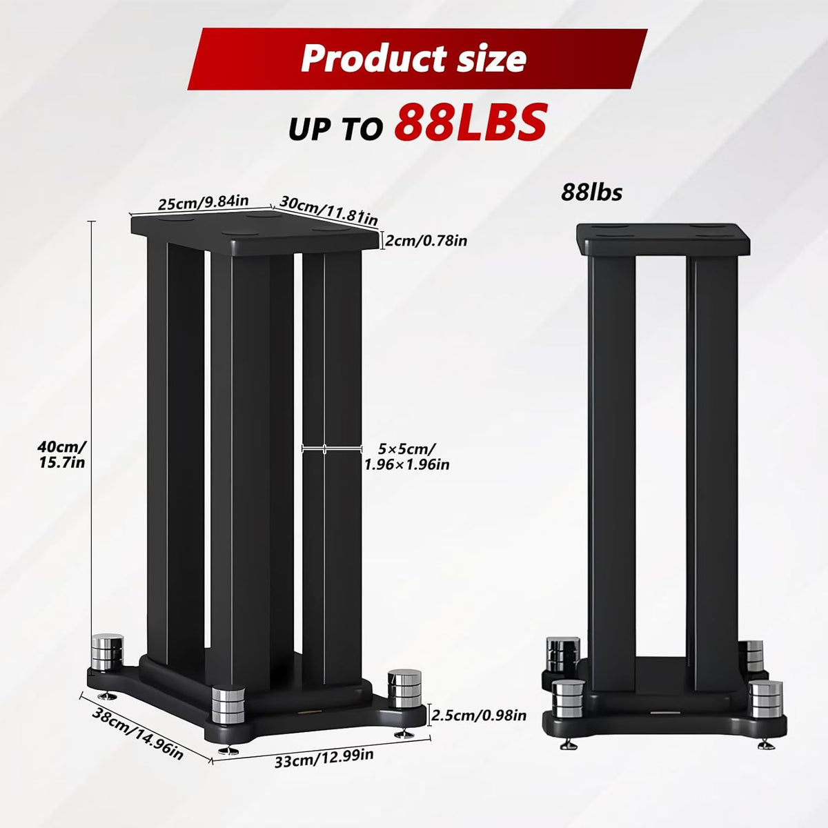 A Pair of Universal Speaker Stands, Heavy Duty Speaker Stands Holds Bookshelf Speaker Satellite Speaker Large Speaker, Vibration-Absorbing MDF Design, Holds 88lbs Speaker (Black, 40cm/15.7in)