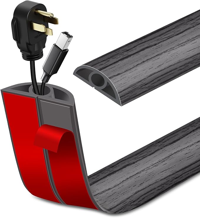 Floor Cord Cover Self Adhesive Cord Hider Floor Extension Cord Covers for Floor Power Cord Protector Cable Management Prevent Cable Trips Cable Cavity 0.32" W x 0.32" H (Deep Grey Wood, 10Ft)