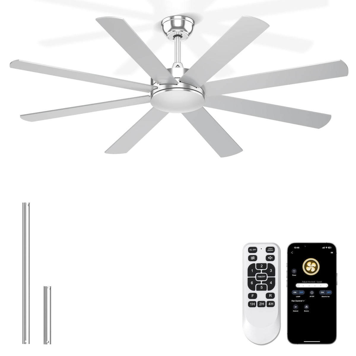 Phylluz 60 Silver Ceiling Fans With No Lights - 8 Blades Ceiling Fan Remote/APP Control, Silent Garage Ceiling Fan for Indoor/