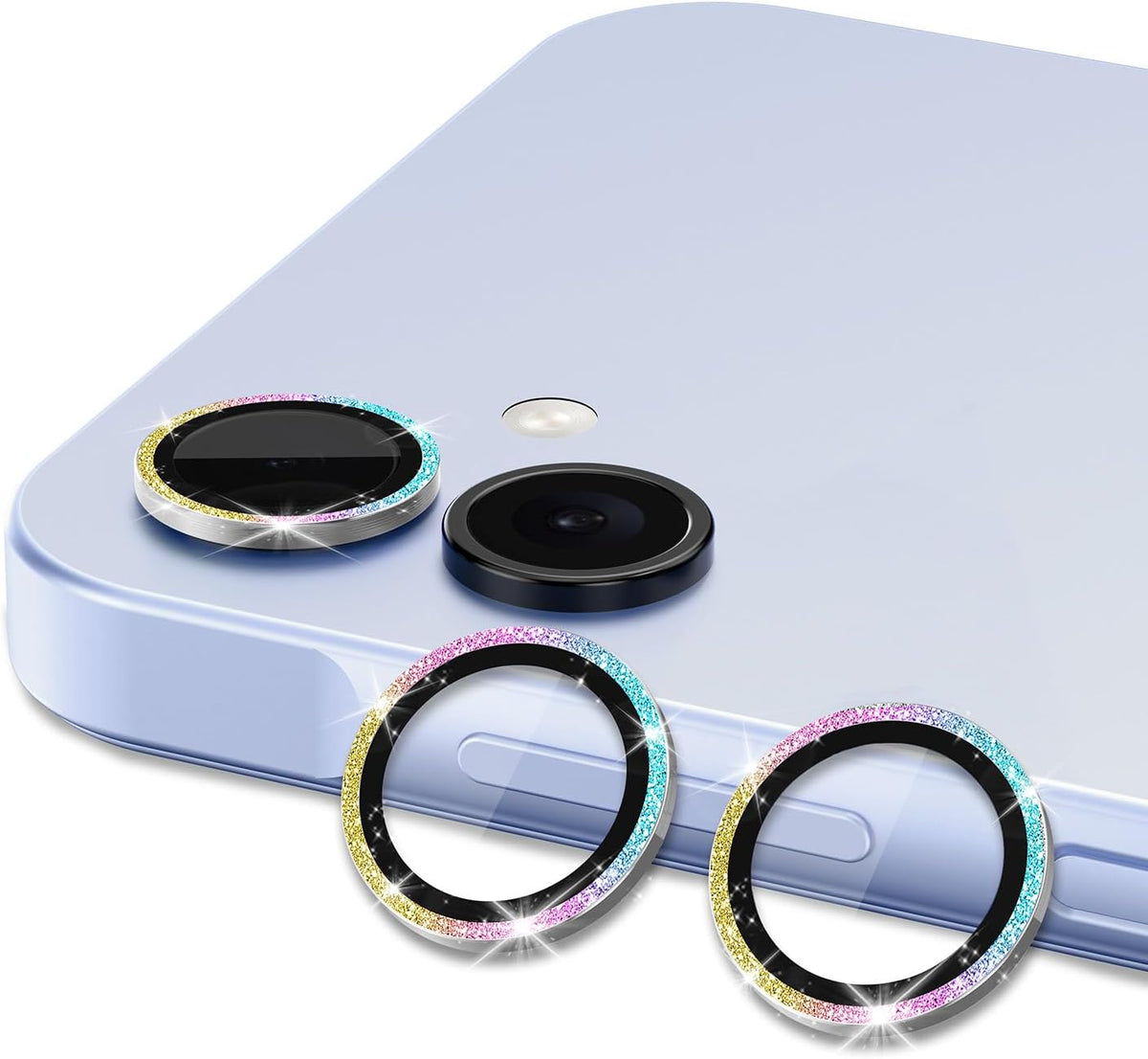for Samsung Galaxy A06 Camera Lens Protector, Individual Metal Ring Tempered Glass Lens Cover, [Strong Adsorption] Scratch Resistant Ultra-Thin HD Clear Lens Cover, 1 Set-Colorful Sparkly