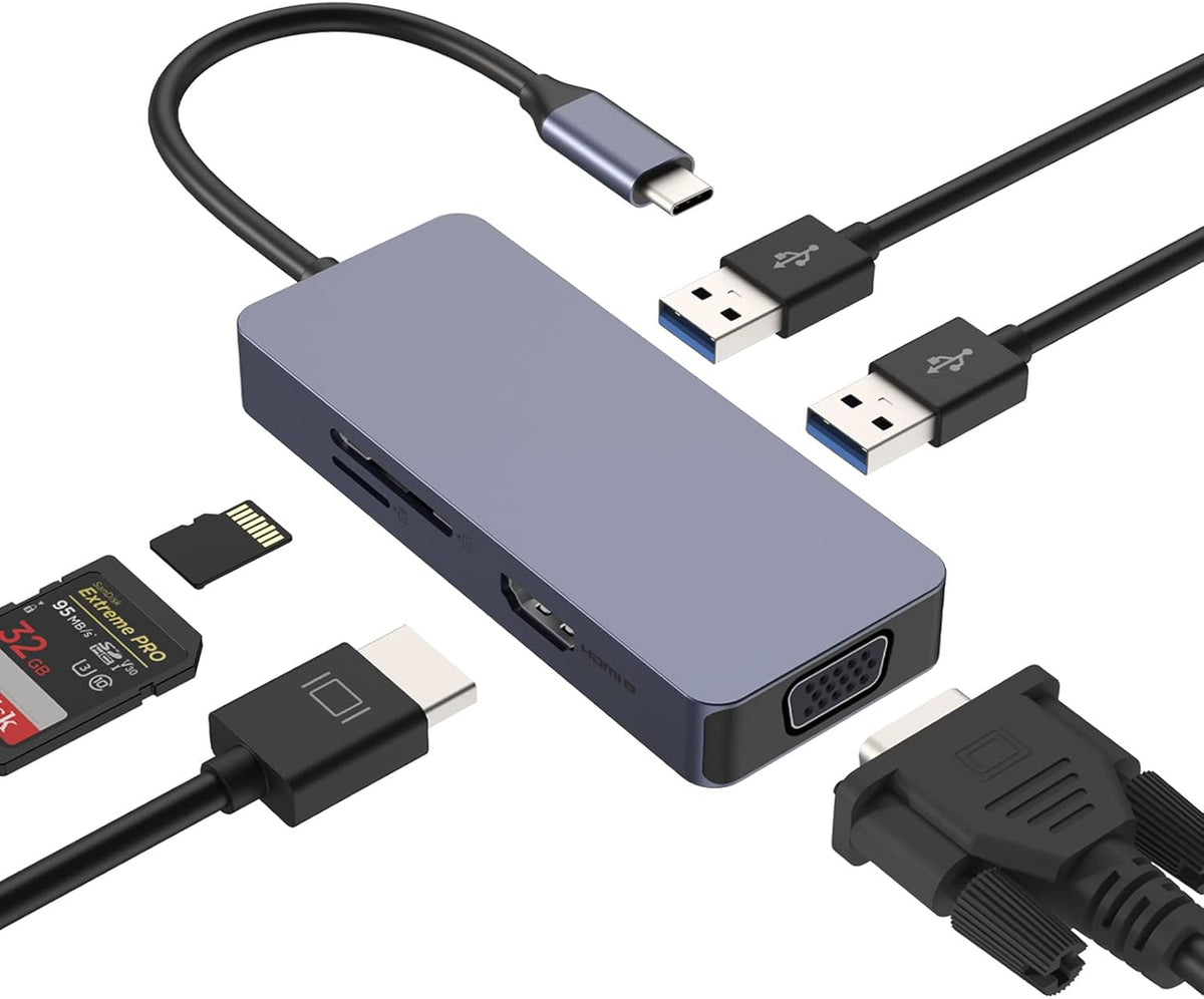HOPDAY 6 1 4K 3.0 USB C Hub, Docking Station, in Dual Monitor USB C Adapter with VGA, HDMI, USB Ports, SD/TF Card