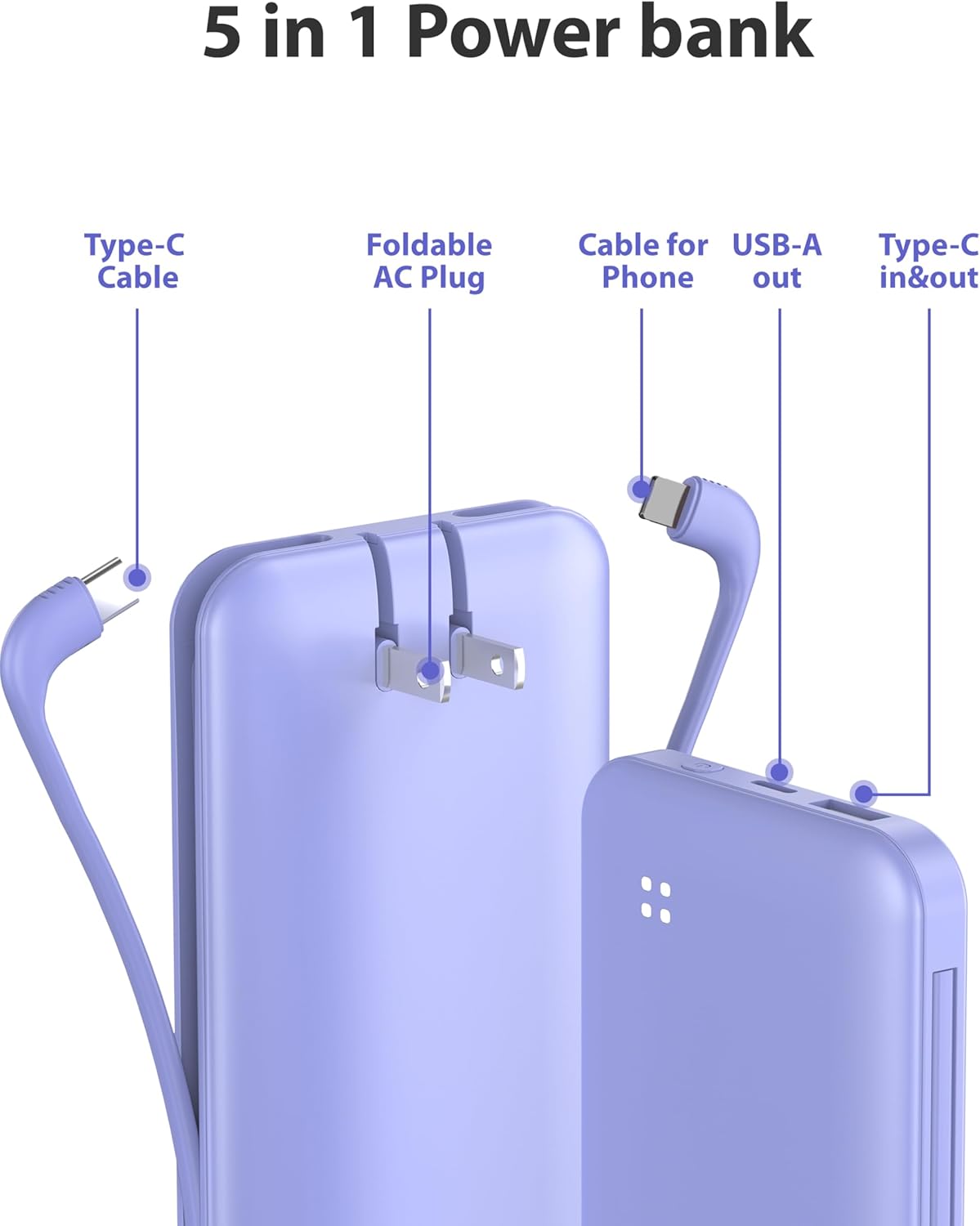 Alongza Portable Charger Built-in Cables and AC Wall Plug, Slim Fast Charging Power Bank 10000mAh, Lightweight USB C External Battery Pack Compact Travel Cell Phone Charger