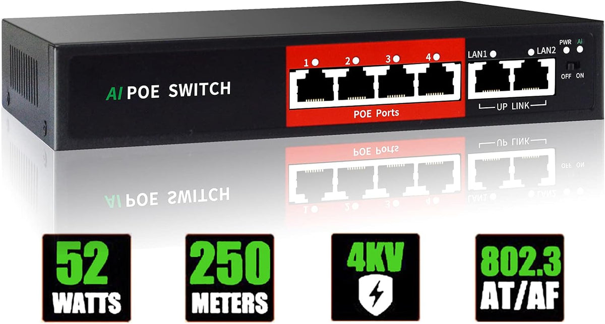 STEAMEMO AI PoE Switch, 52V 52W (4 POE Ports +2 Uplink) 100Mbps,802.3af/at, Unmanaged Network Extender Power Over Ethernet for IP, Extend Function,Metal Plug and Play