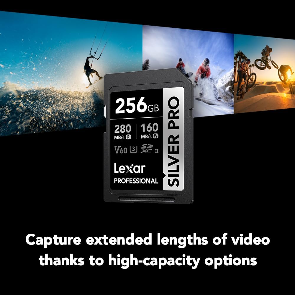 Lexar 256GB Professional SILVER PRO SD Card, UHS-II, C10, U3, V60, Full HD, 4K, Up To 280MB/s Read SDXC Memory Card, for Professional Photographer, Videographer, Enthusiast (LSDSIPR256G-BNNNU)