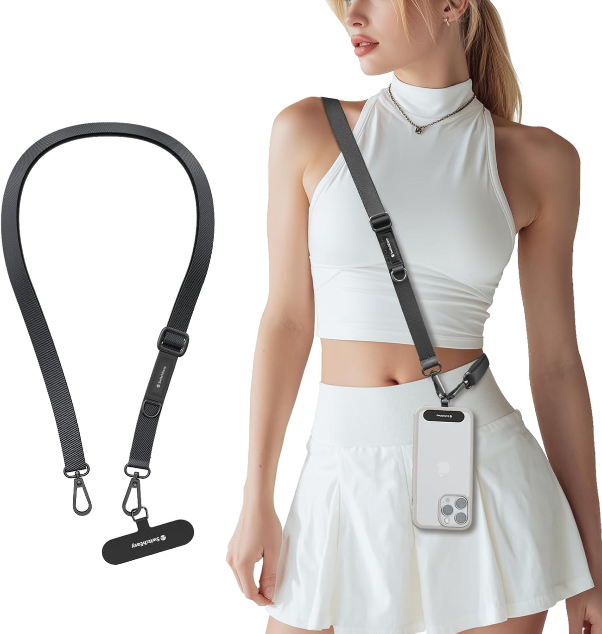 SWITCHEASY 20mm Adjustable Crossbody Phone Strap Compatible with Most Phones, Anti-Theft & Ant-Drop, Hands Free for Phone Lanyard Crossbody with Strap Card Phone Tether Tab - EasyStrap (Dark Black)
