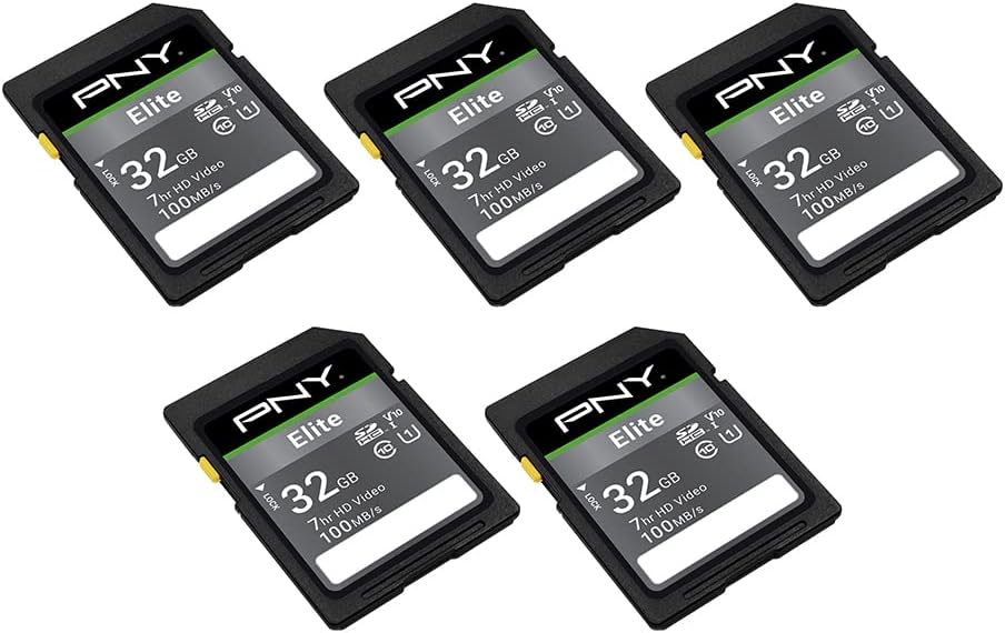 PNY 32GB Elite Class 10 U1 V10 SDHC Flash Memory Card - 100MB/s Read, Class 10, U1 Full HD, UHS-I, Full Size SD (Pack of 5)