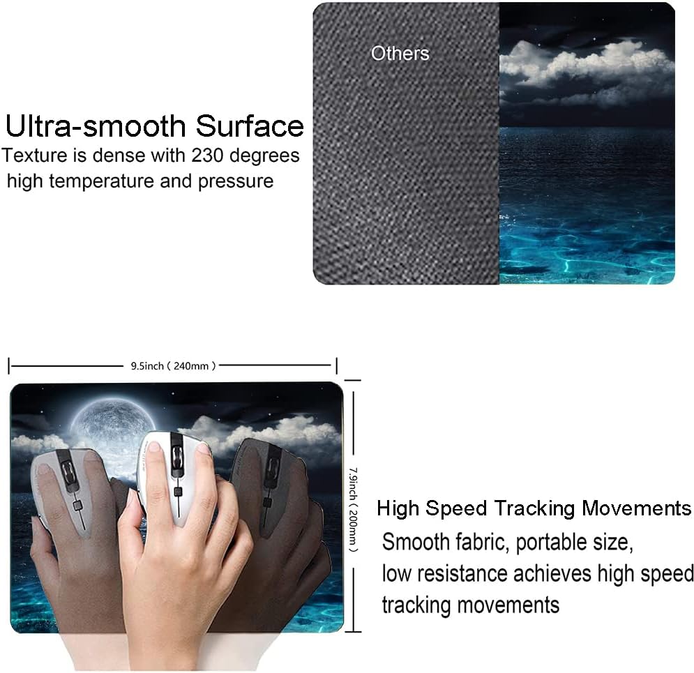 Mouse Pad, Ocean and Moon Mouse Pad, Square Waterproof Mouse Pad Non-Slip Rubber Base MousePads for Office Laptop, 9.5"x7.9"x0.12" Inch(Ocean and Moon)
