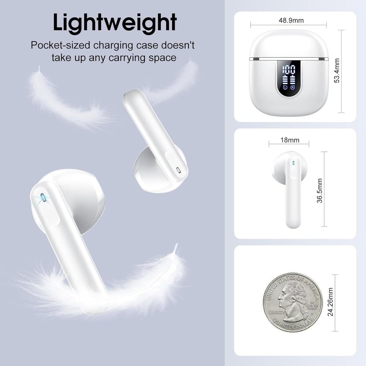 Wireless Earbuds, Bluetooth 5.4 Headphones with 3D Bass Stereo, 40H Ultralight in-Ear Buds, Bluetooth Earbuds with 4 ENC Noise Cancelling Mic, USB-C, IP7 Waterproof Earphones for Android iOS, Milky