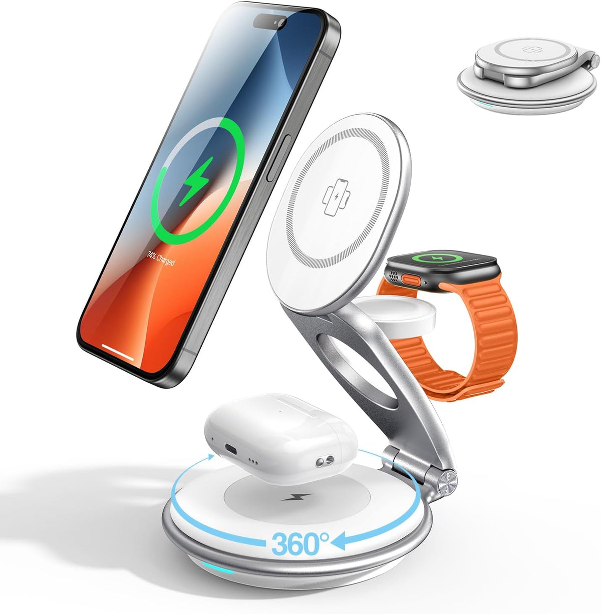 EXW Wireless Charging Station for Magsafe, 3 in 1 Foldable Charger for iPhone 16/15/14/13/12 Series, Apple Watch & AirPod (30W Charger Included)