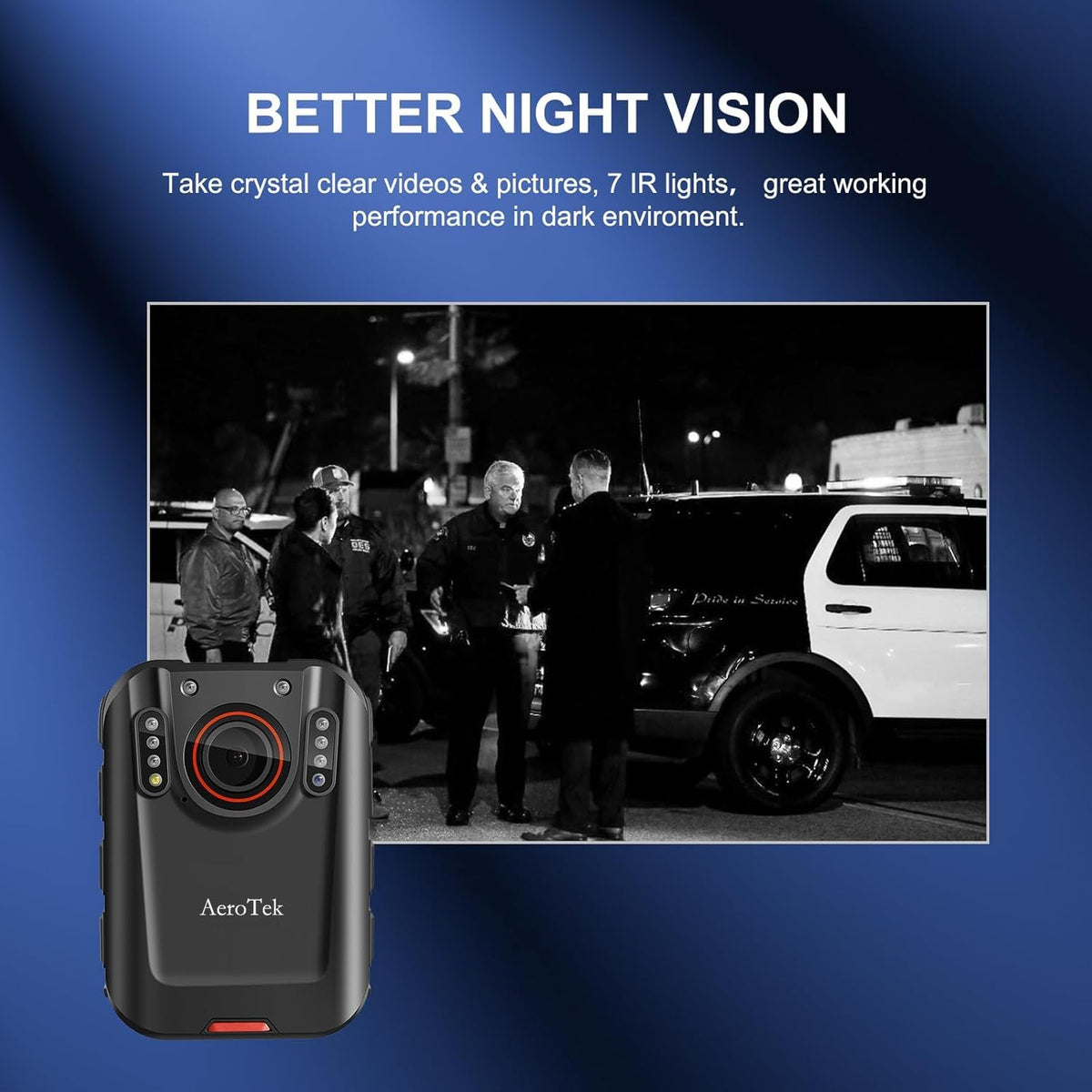 AeroTek 2K Body Camera, Police Body Cam with 64GB Video Recording and Ultra Infrared Night Vision, Body Worn Camera for Law Enforcement Recorder