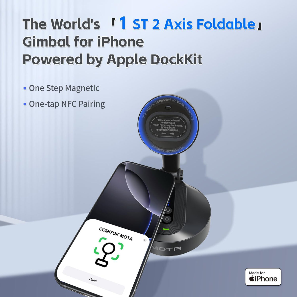 MOTA Tripod Stand Only for iPhone, 2 Axis Foldable iPhone Gimbal Stabilizer for Video Recording Megnetic Holder for Desk, 360 Degree Auto Face Tracking Cell Phone Tripod for Video and Facetime