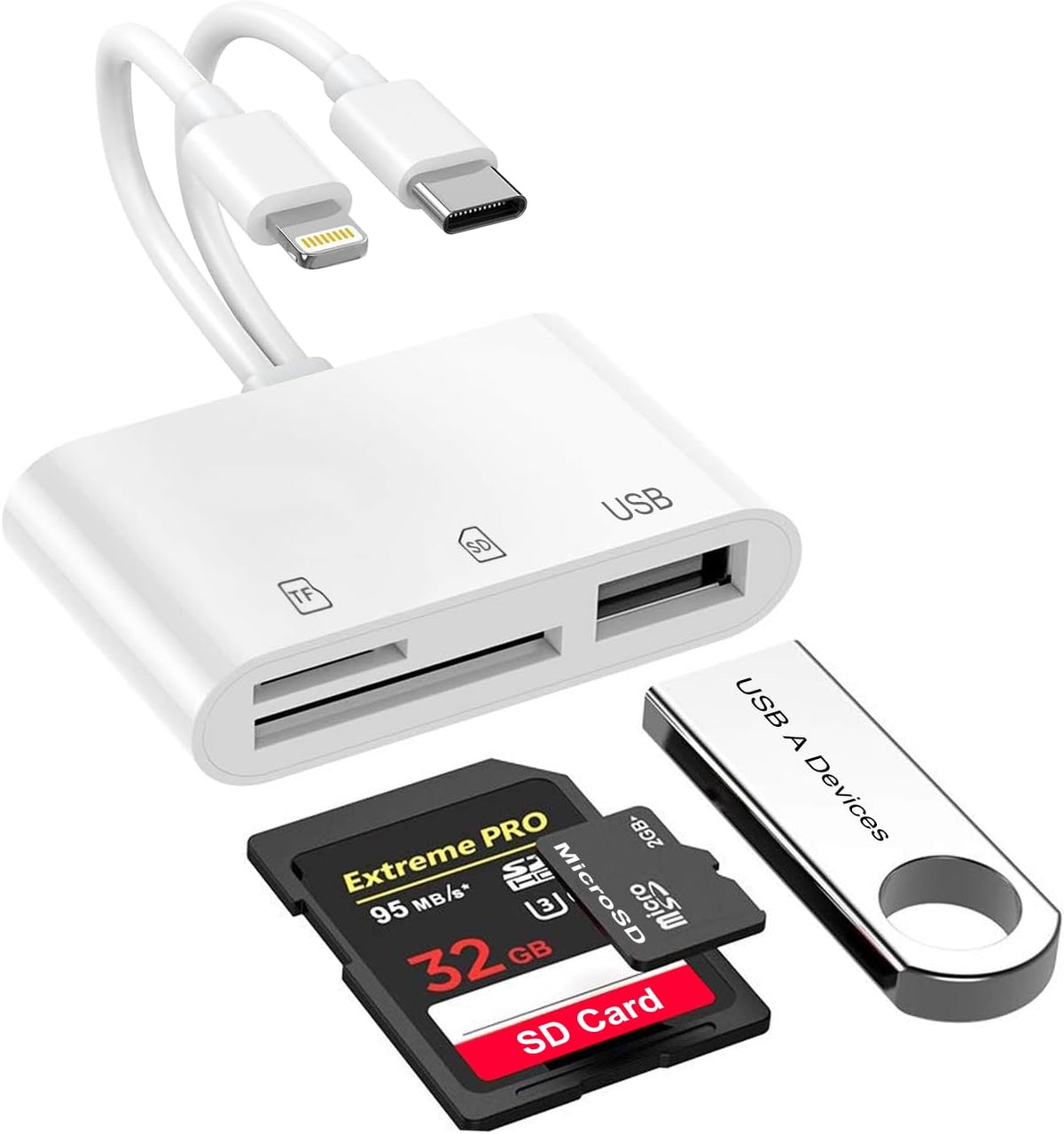 SD Card Reader for iPhone/iPad, Dual-Connector (USB C & Lightning) for Camera Memory Cards, 3-in-1 Micro SD Card Reader for Camera Adapter, Support SD, Micro SD, USB 3.0, Plug & Play