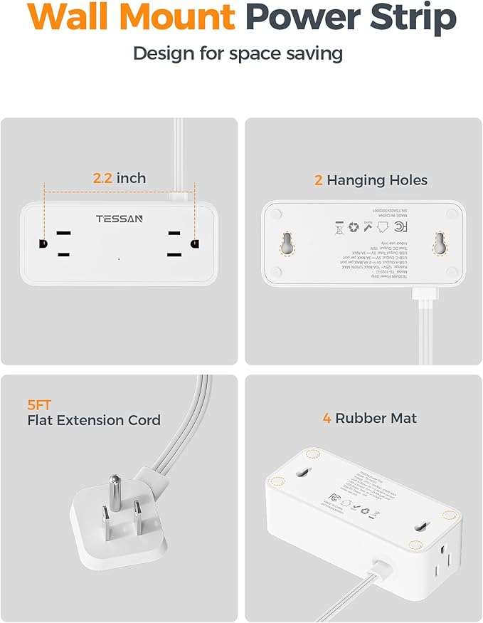 TESSAN Extension Cord 5 FT, Power Strip with 900J Surge Protection, White