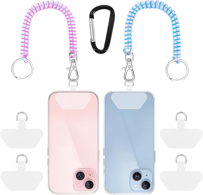 SHANSHUI Phone Tether, 2 Pcs Anti Theft Spring Phone Strap, 4 x Tether Pacthes & Carabiner Clips Universal CellPhone Lanyard for Keys Outdoor Skiing Hiking Fishing Fitting for All Smartphones