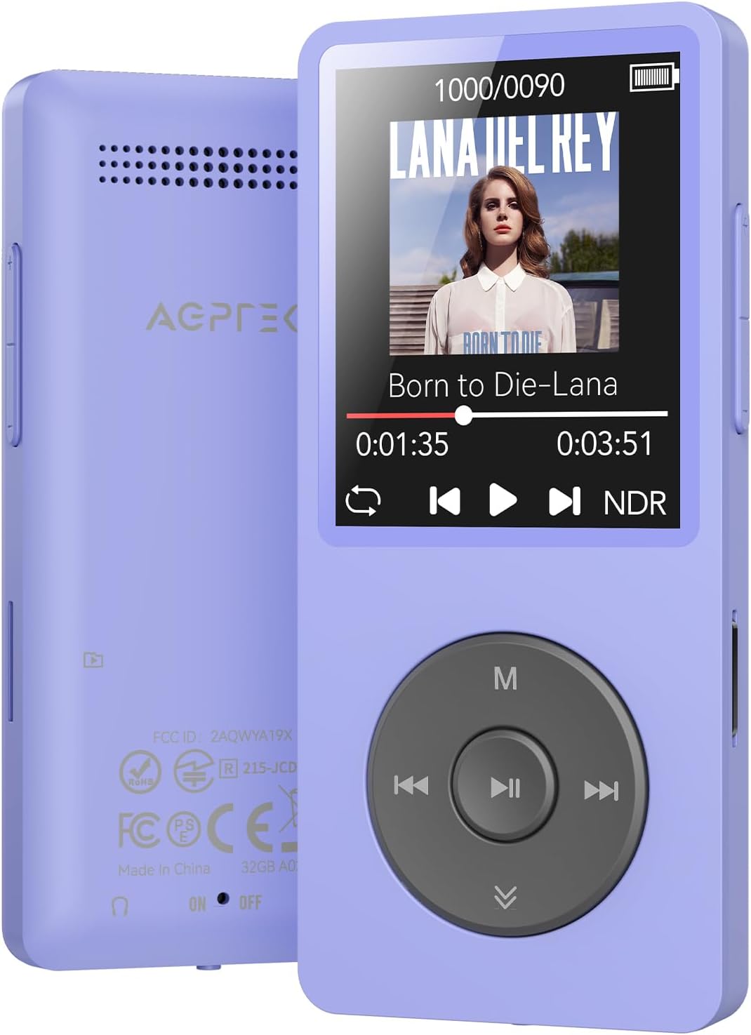 AGPTEK A02 MP3 5.3, 1.8 inch 128GB(Purple, 32GB) Player with Bluetooth Screen Portable Music Player with Speaker, FM