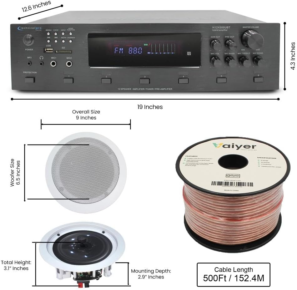 Vaiyer Home Audio System Kit, 6-Channel 6000 Watts Bluetooth Amplifier with 6.5" 10 Qty of 200 W Each in-Wall in-Ceiling Speakers & 16 AWG 500 ft. Speaker Wire - Perfect for Home, Office, Restaurants