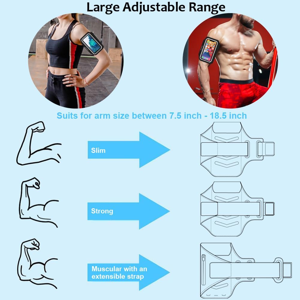 Running Phone Holder, Arm Band for Running for iPhone & Samsung Galaxy, Cell Phone Armband Holder for Walking, Gym, Workout, Men, Women, w/Adjustable Strap & Zipper Pocket (Black-L)