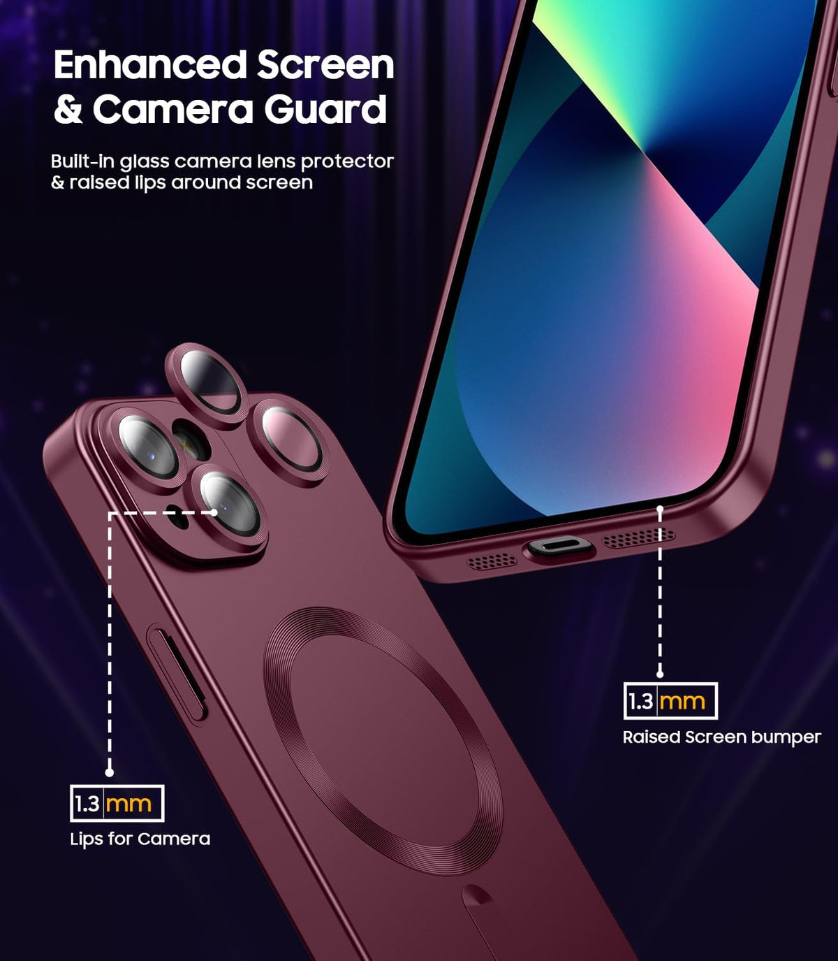 Magnetic for iPhone 13 Case [Compatible with MagSafe][Built-in Camera Lens Protector] Slim Soft Silicone Bumper Shockproof Metallic Luster Phone Case (Burgundy)