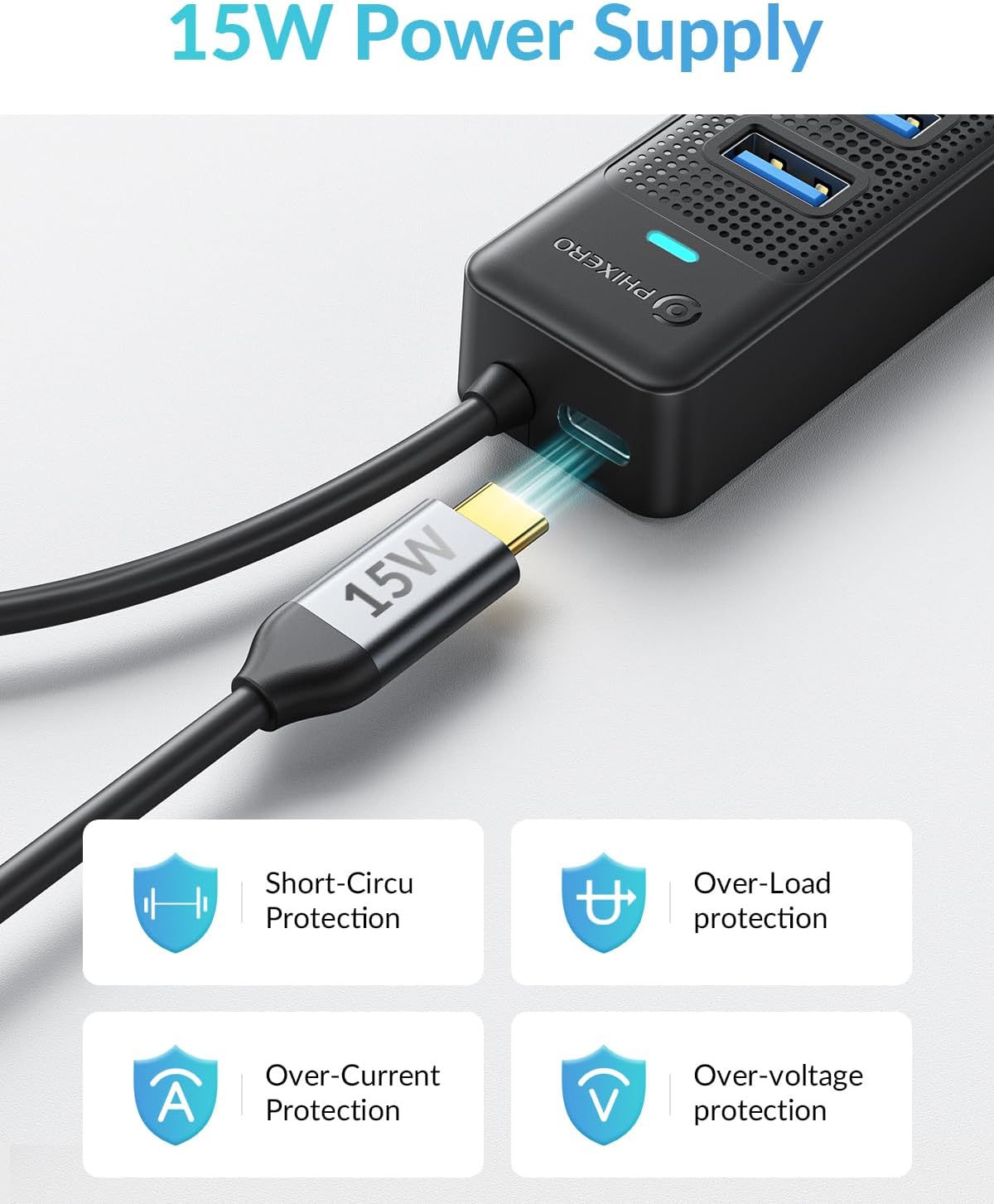 PHIXERO 7 Port USB Hub 3.2 with 1.6FT/50CM Long Cable, Multiport Adapter and Splitter for PC, Compatible with All USB 3.2/2.0/1.1 Devices