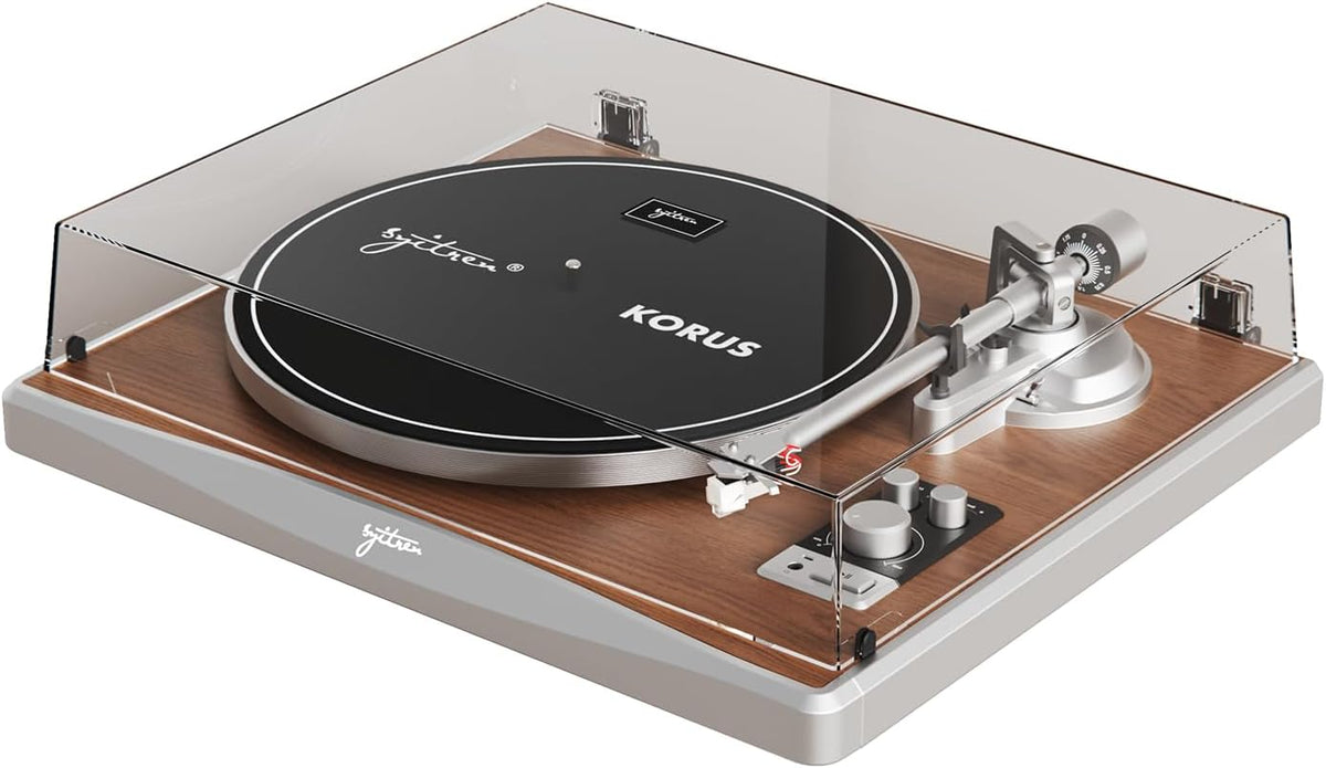 KORUS Record Player with External Speakers,Bluetooth Turntable,Belt-Drive Turntable 2-Speed, Adjustable Counterweight,Vintage LP Players