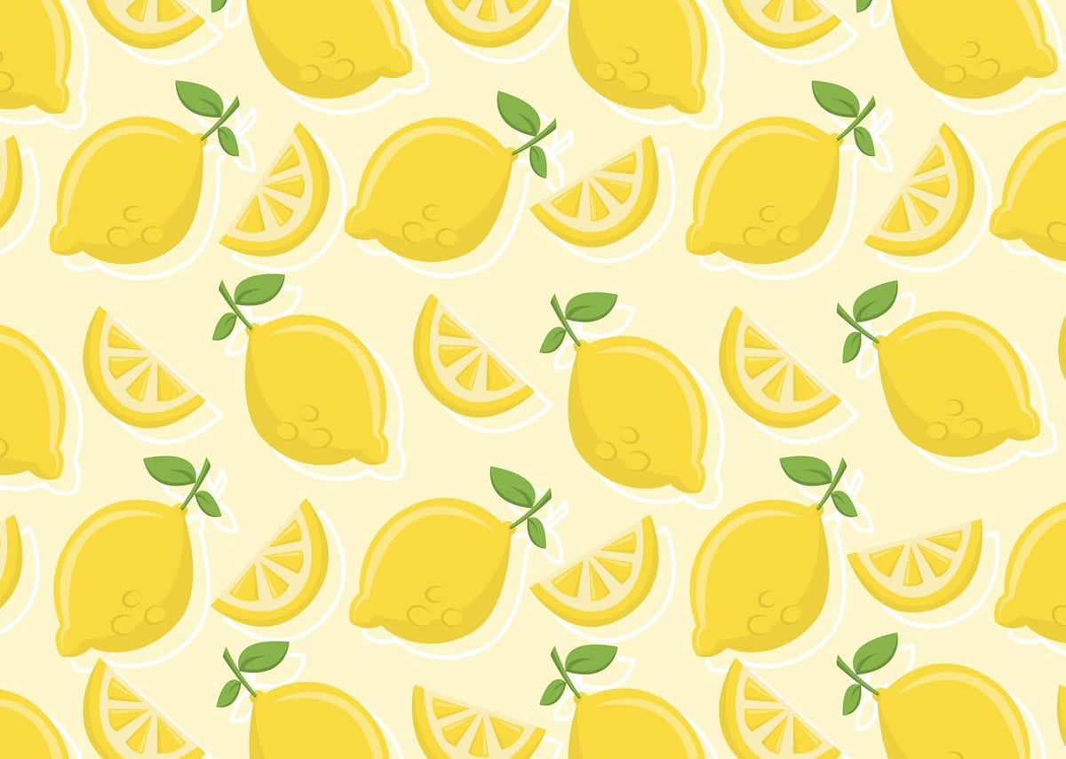 CORFOTO 7x5ft Summer Fabric Lemon Pattern Backdrop Yellow Lemons Slices Green Leaves Citrus Pattern Photography