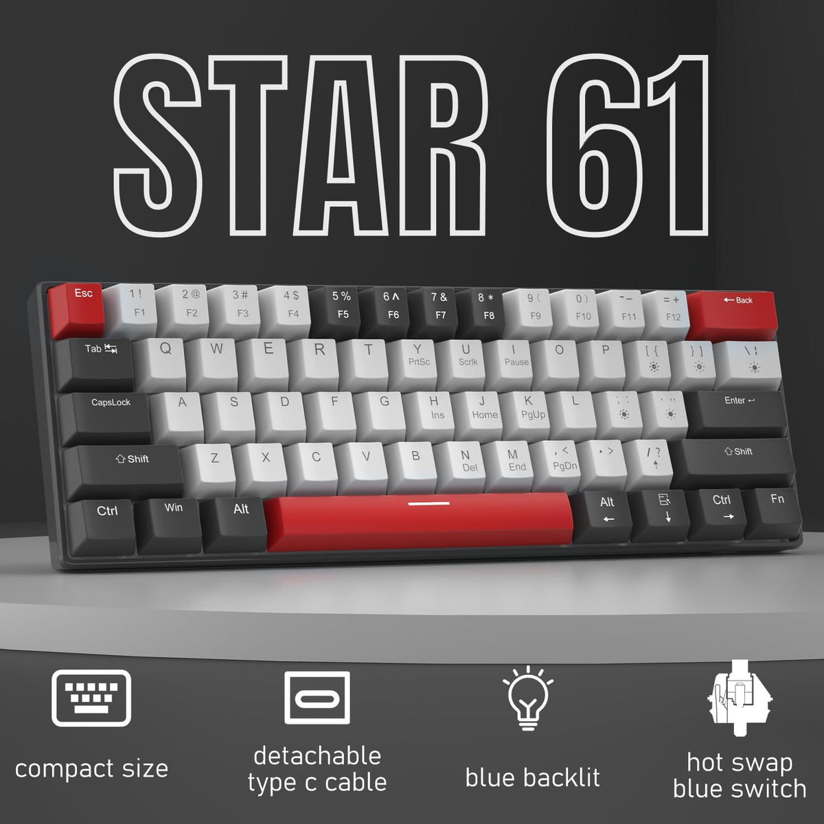 60% Mechanical Gaming Keyboard,Mixed Color Keycaps Gaming Keyboard with Clicky Blue Switches, Detachable Type-C Cable Mini Keyboard with Blue LED Light for/PC/Laptop