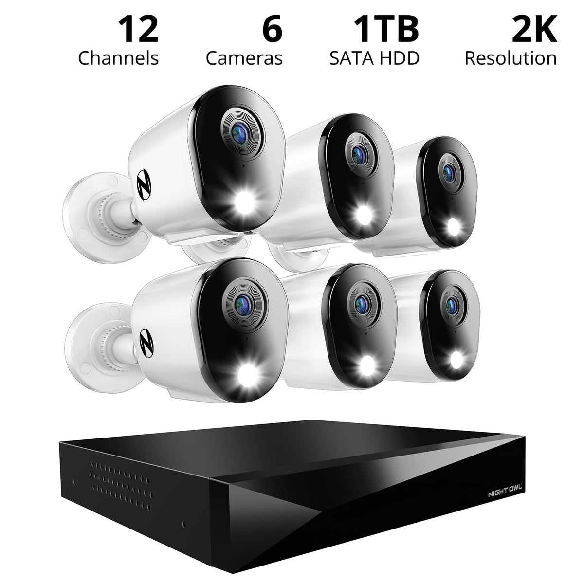 Night Owl 2-Way Audio 12 Channel DVR Video Home Security Camera System with (6) Wired 2K HD Indoor/Outdoor Deterrence Cameras and 1TB Hard Drive (Add
