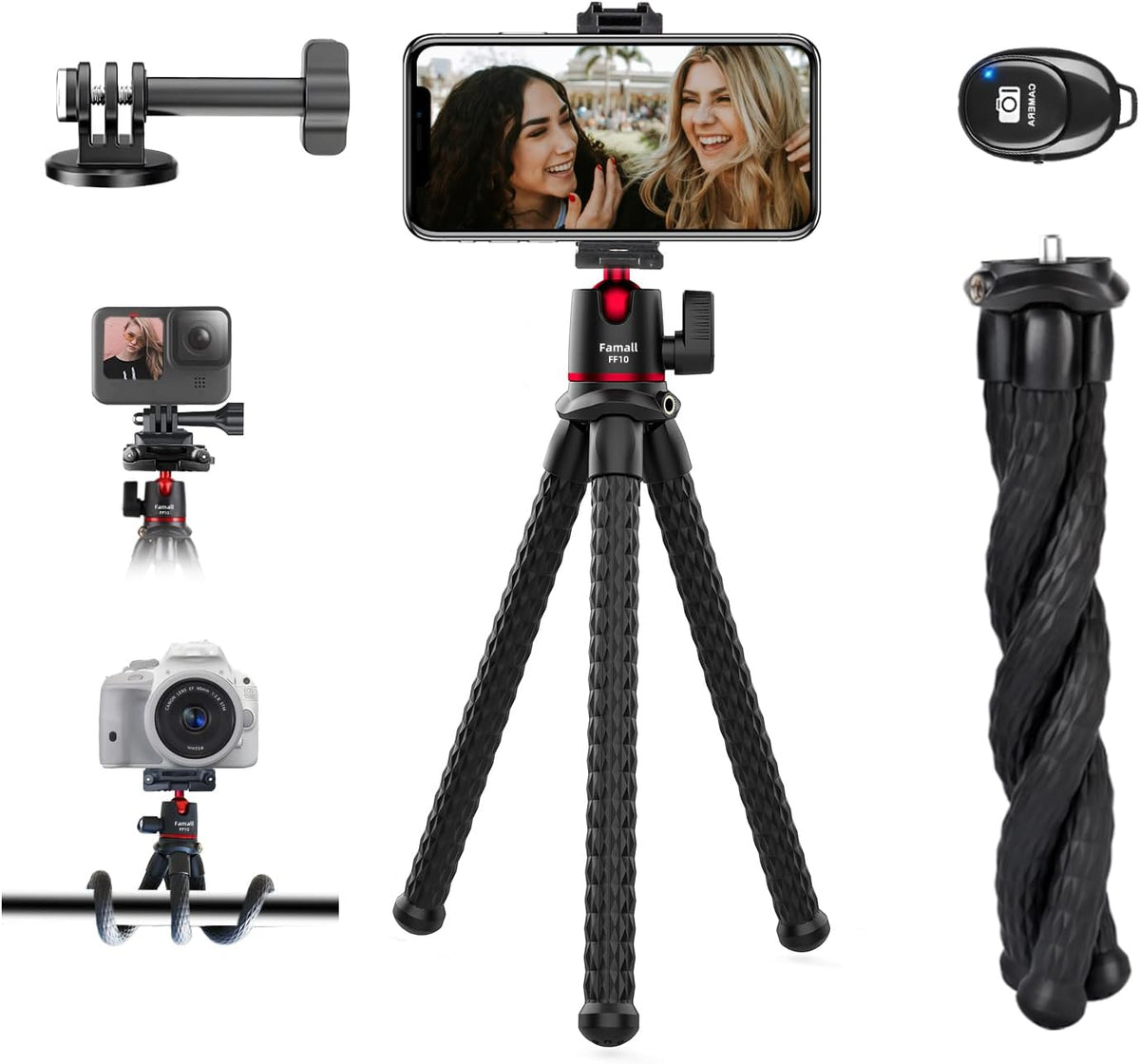 Famall Flexible Phone Tripod for GoPro, Mini Camera Stand with Remote, 1/4'' Screw with Phone Holder&Cold Shoe, Tripod Holder for iPhone Samsung Canon Nikon Sony Streaming Vlog Smartphone