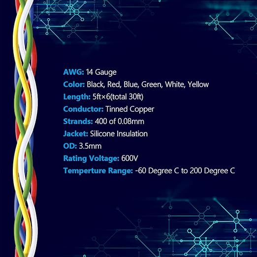 Fermerry 14 AWG Stranded Wire Spool 5ft Each 6 Colors Flexible 14 Gauge Silicone Hook up Wire Kit Electrical Tinned Copper Wire