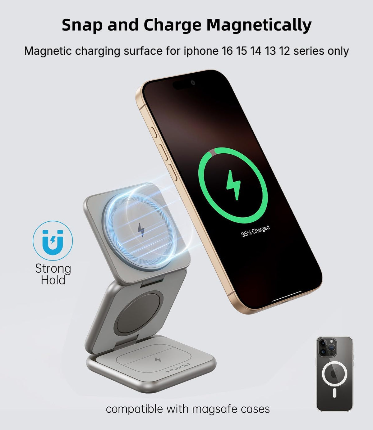 Foldable 3 in 1 Charging Station for Apple, X40 Aluminum Alloy Magnetic Wireless Charger, Portable Travel Charger for iPhone 16 15 14 13 12 Series, AirPods 3/2/Pro, iWatch-Titanium