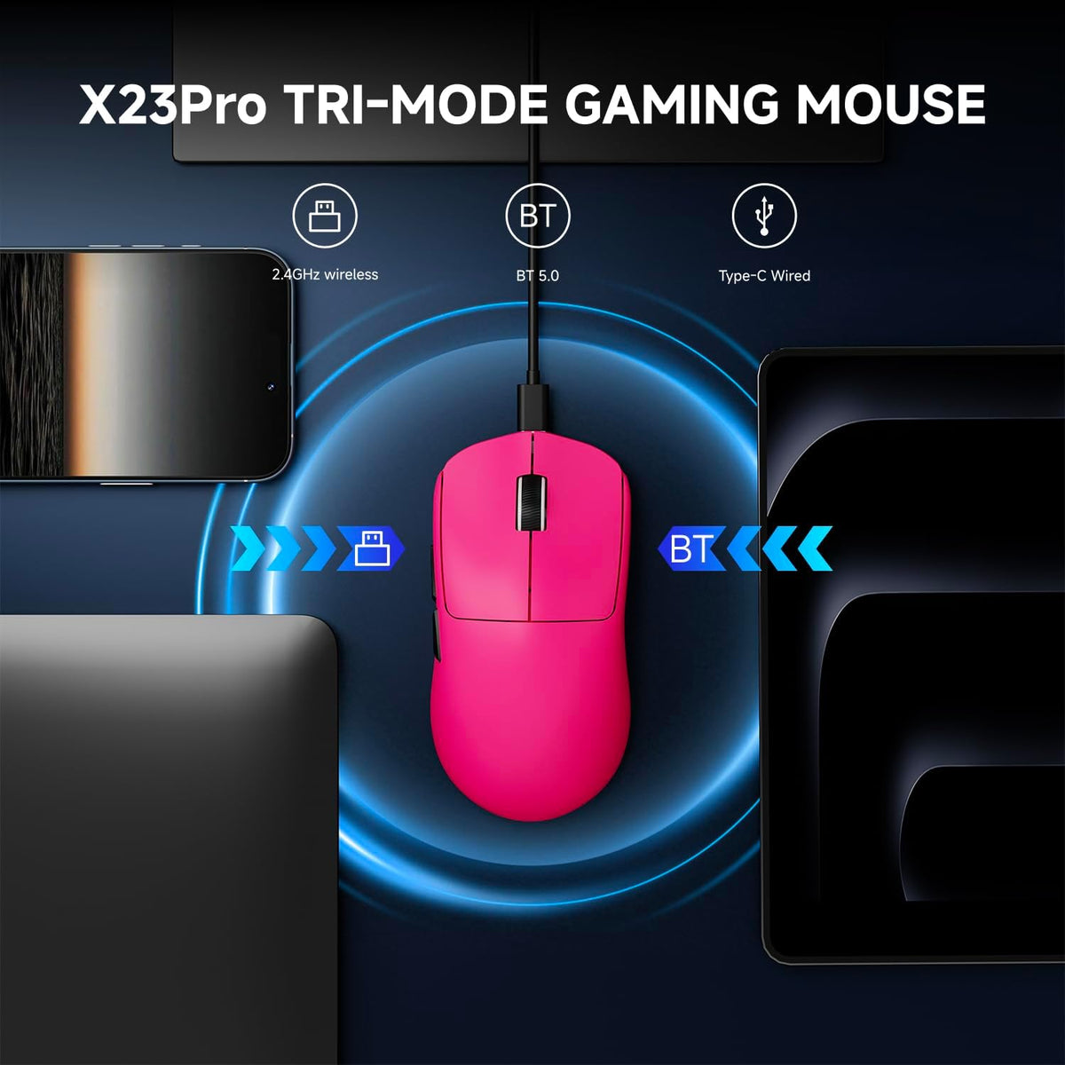 EWEADN X23Pro Wireless Gaming Mouse, 2.4G/BT5.0/USB-C Esports Gaming Mouse, 49g Lightweight Mouse Gaming, 12000 DPI Wireless Mouse with 6 Programmable Buttons,For Laptop/PC/Mac, Raspberry Pink