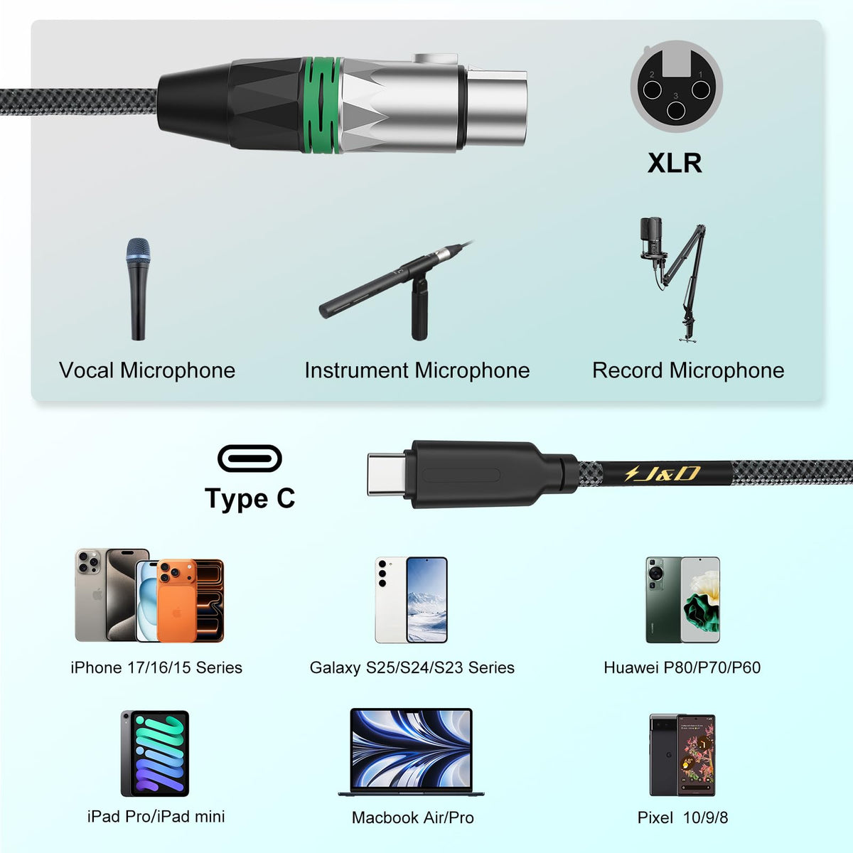 J&D USB C to XLR Microphone Audio Cable for Audio Recording, Dynamic Microphone, Braided USB C to XLR Female Cable Compatible with iPhone 16/17