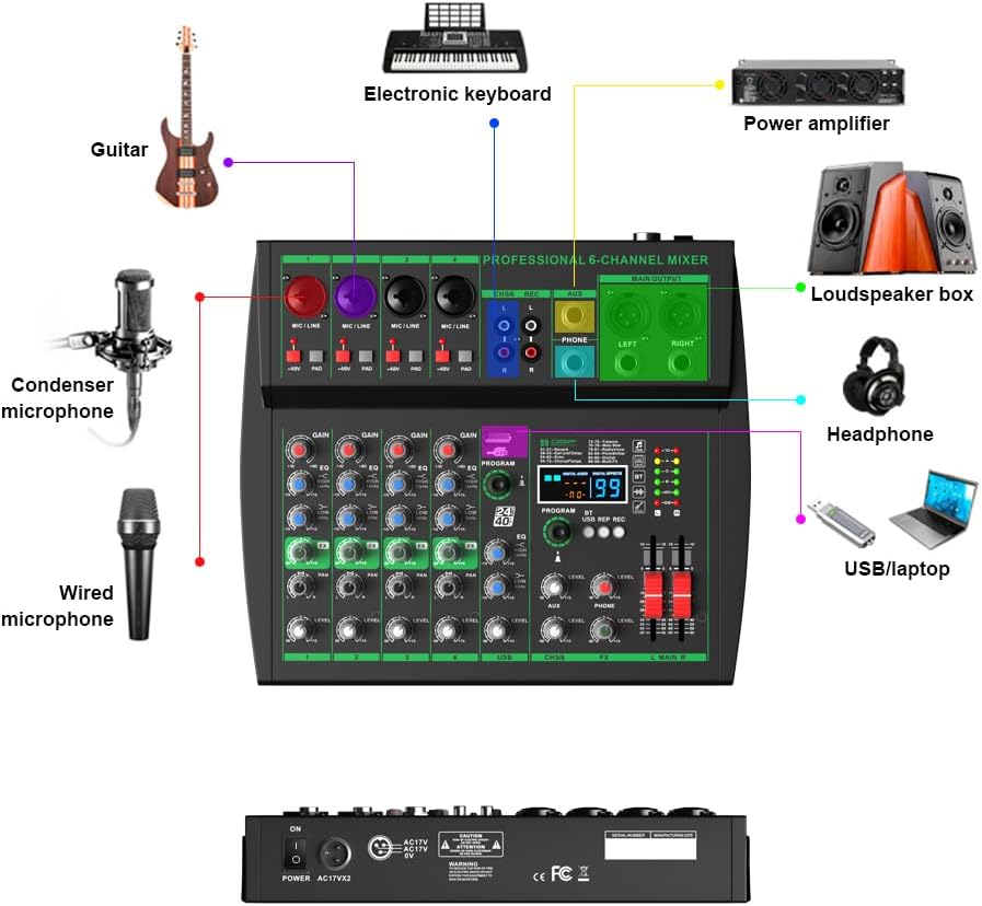 MW-6 black 6-Channel Professional DJ Audio Mixer Portable Controller Mixer with DSP 99 Preset Effects for Live Streaming, Podcasting, Home Party