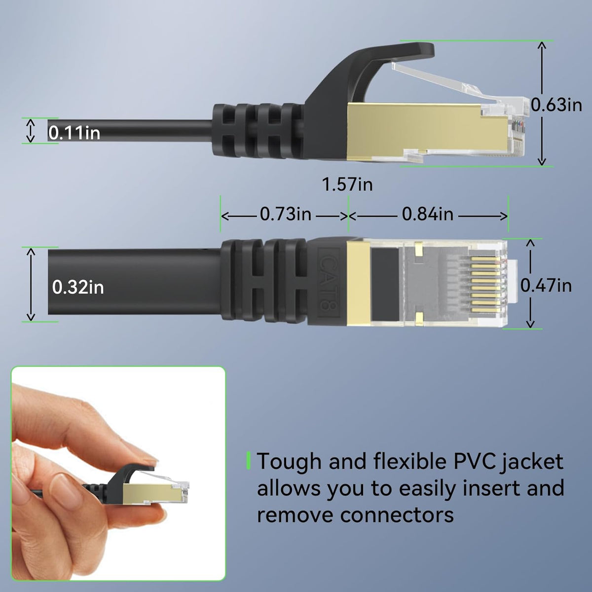 8 75 40Gbps 2000MHz Cat8 RJ45 75FT BUSOHE Cat Ethernet Cable FT, High Speed Flat Internet Network Patch Cord, SFTP